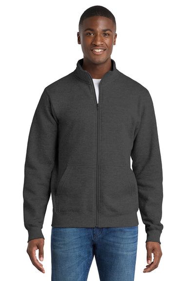 Port & Company PC78FZ Mens Core Fleece Full Zip Sweatshirt w/ Pockets Heather Dark Grey Model Front