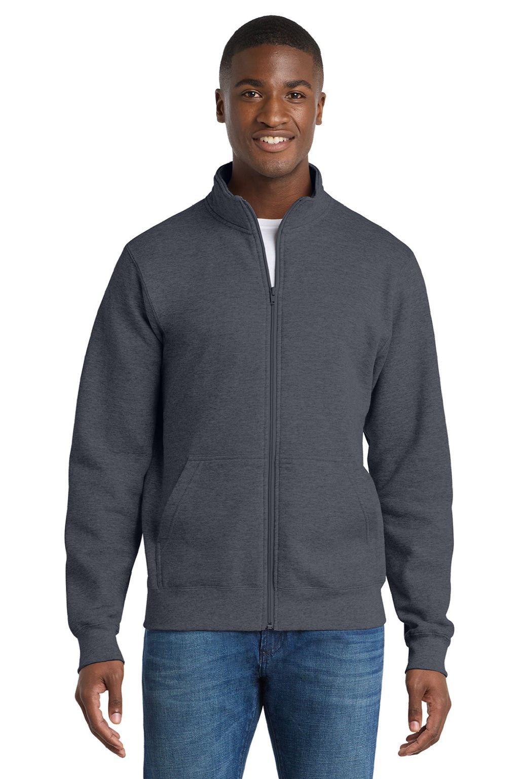 Port & Company PC78FZ Mens Core Fleece Full Zip Sweatshirt w/ Pockets Heather Navy Blue Model Front