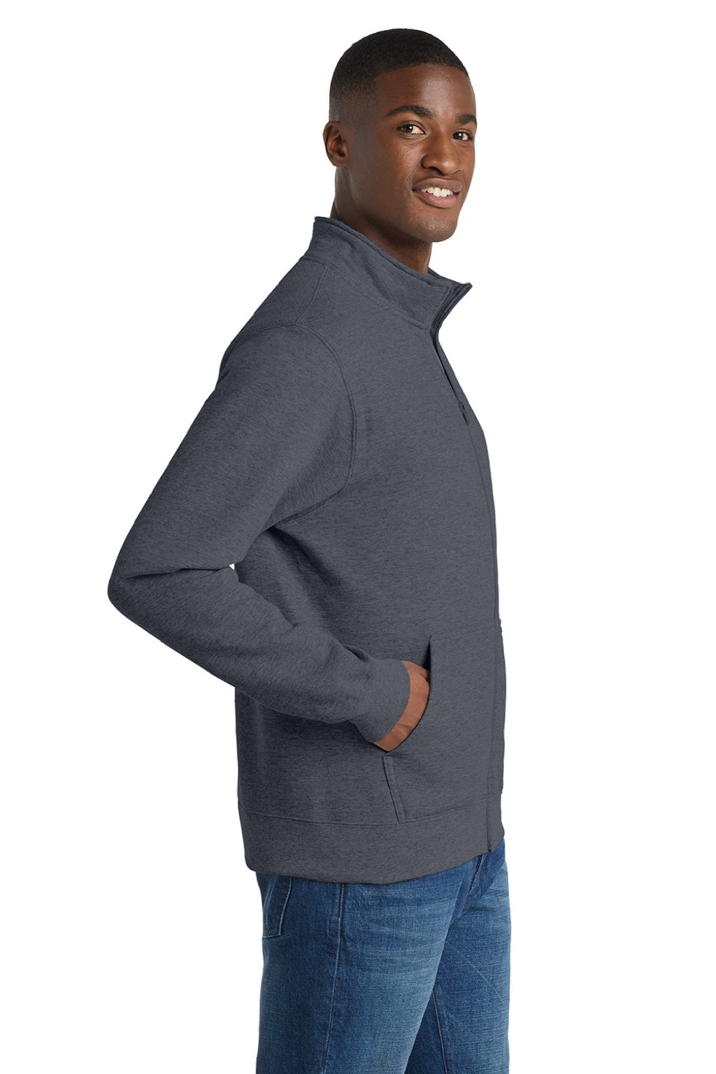 Port & Company PC78FZ Mens Core Fleece Full Zip Sweatshirt w/ Pockets Heather Navy Blue Model Side
