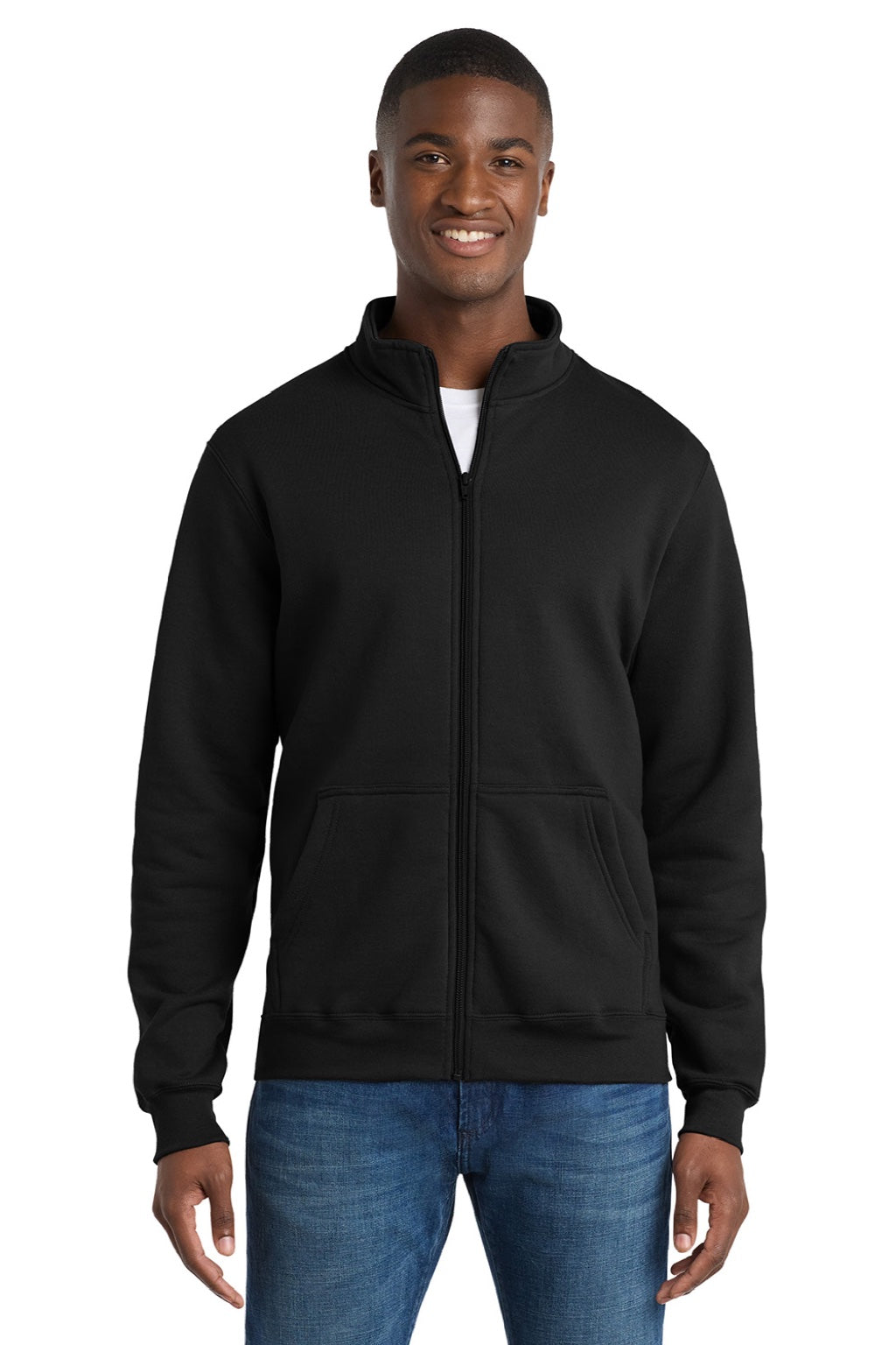 Port & Company PC78FZ Mens Core Fleece Full Zip Sweatshirt w/ Pockets Jet Black Model Front