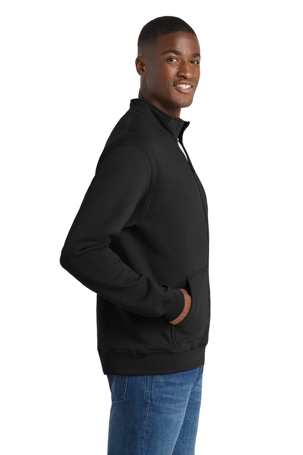 Port & Company PC78FZ Mens Core Fleece Full Zip Sweatshirt w/ Pockets Jet Black Model Side