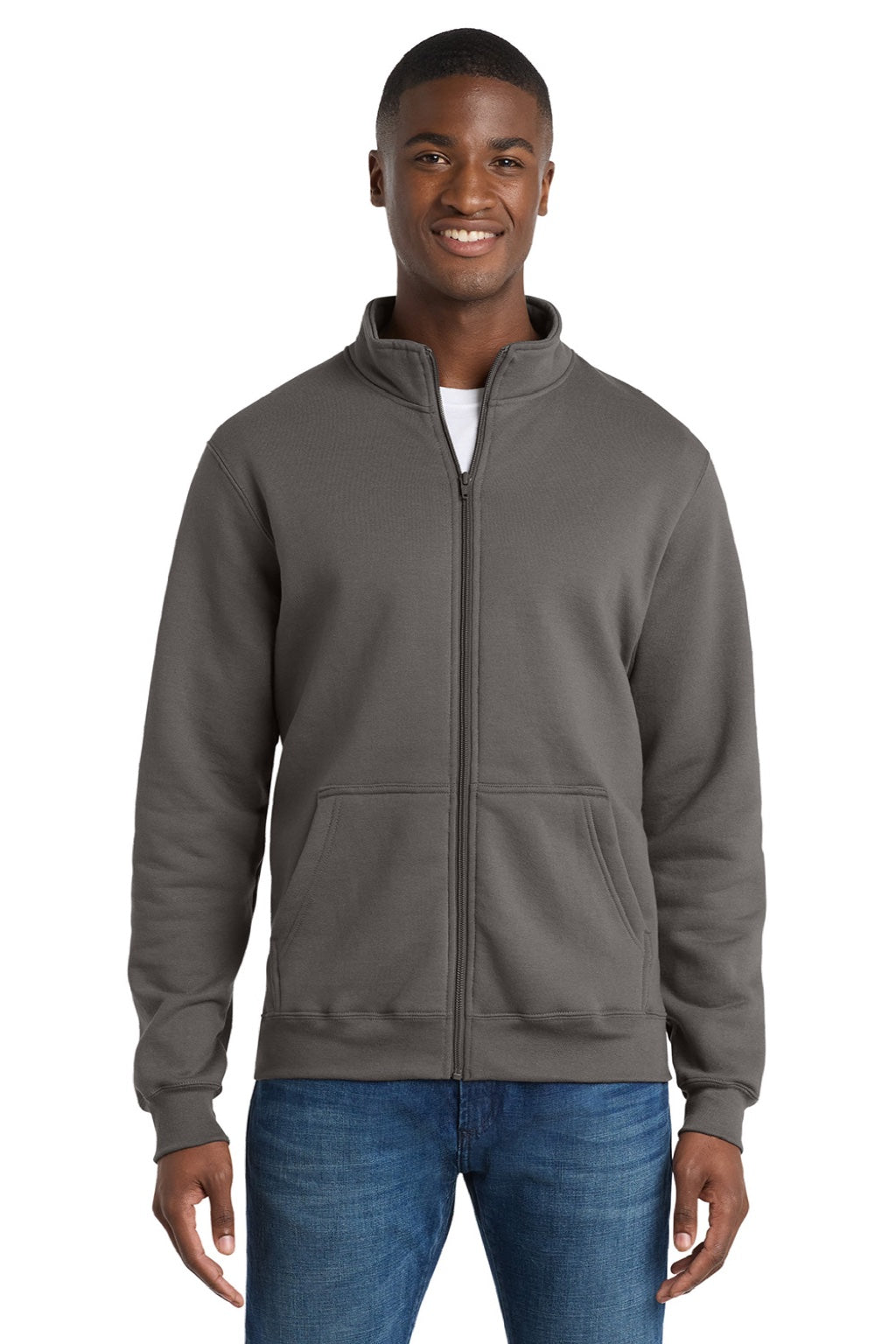 Port & Company PC78FZ Mens Core Fleece Full Zip Sweatshirt w/ Pockets Charcoal Grey Model Front