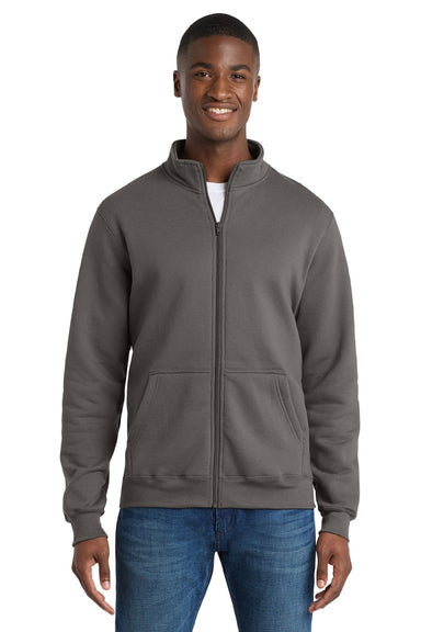 Port & Company PC78FZ Mens Core Fleece Full Zip Sweatshirt w/ Pockets Charcoal Grey Model Front
