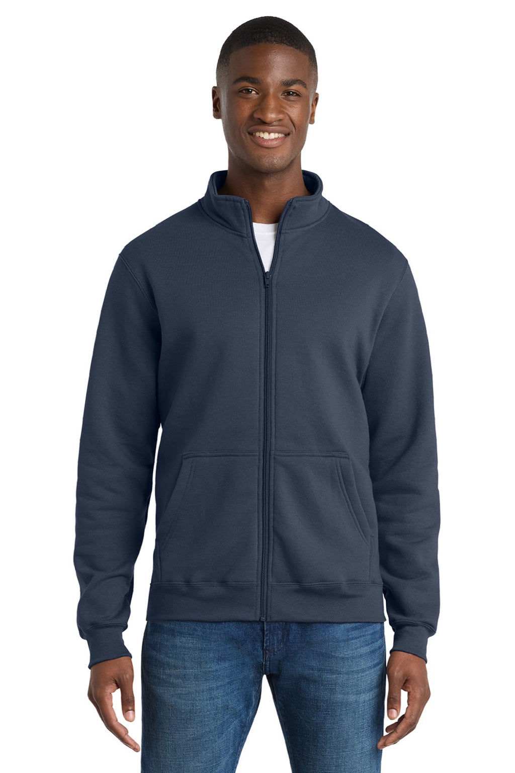 Port & Company PC78FZ Mens Core Fleece Full Zip Sweatshirt w/ Pockets Navy Blue Model Front