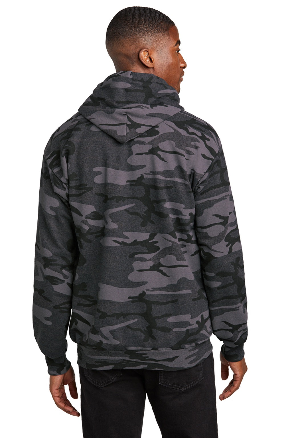 Port & Company PC78HC Mens Core Pill Resistant Fleece Hooded Sweatshirt Hoodie w/ Pouch Pocket Heather Black Camo Model Back