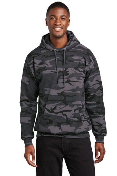 Port & Company PC78HC Mens Core Pill Resistant Fleece Hooded Sweatshirt Hoodie w/ Pouch Pocket Heather Black Camo Model Front