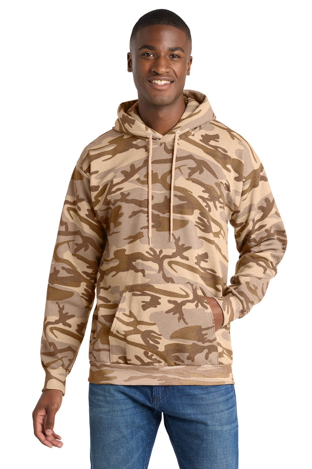 Port & Company PC78HC Mens Core Pill Resistant Fleece Hooded Sweatshirt Hoodie w/ Pouch Pocket Desert Camo Model Front