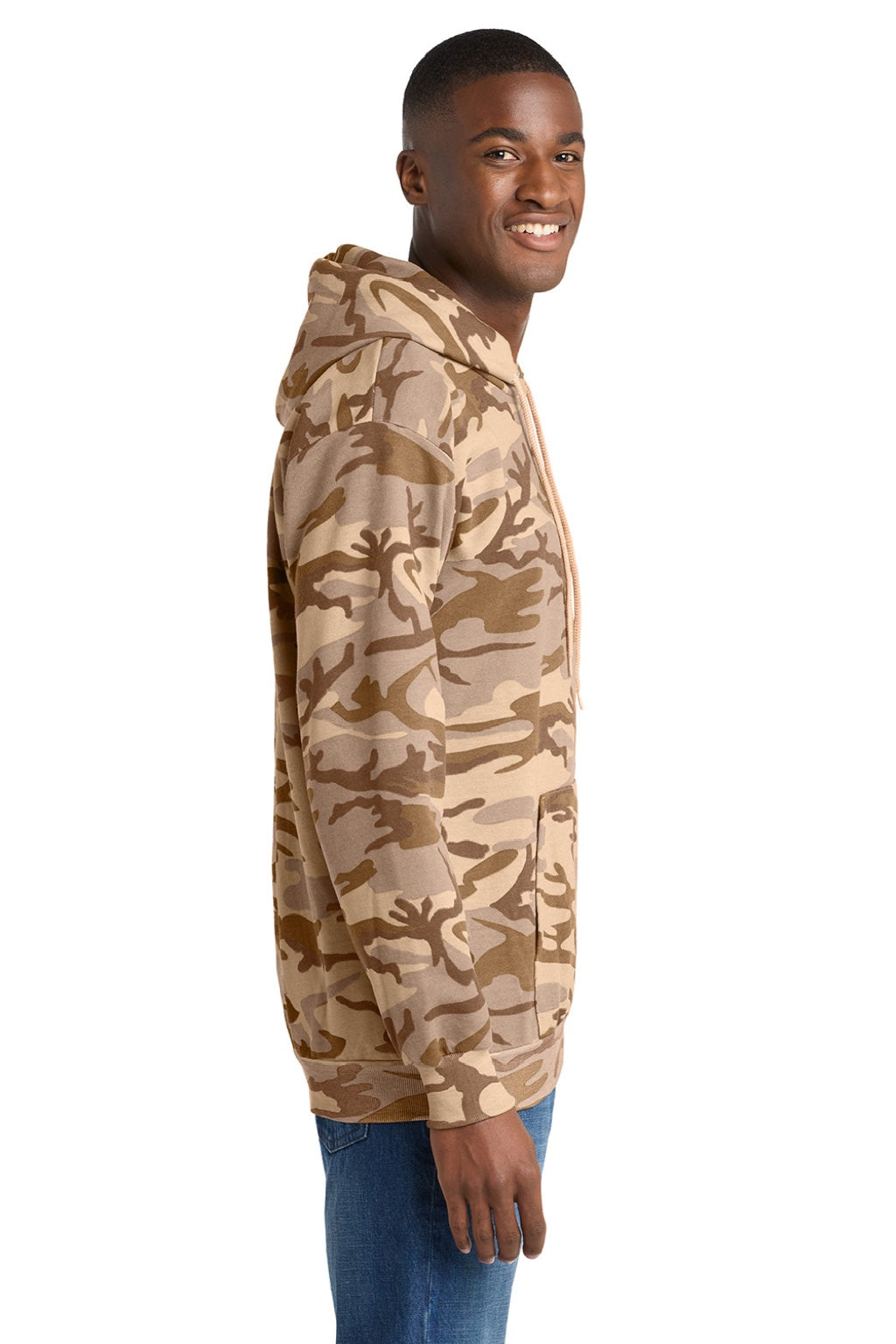 Port & Company PC78HC Mens Core Pill Resistant Fleece Hooded Sweatshirt Hoodie w/ Pouch Pocket Desert Camo Model Side