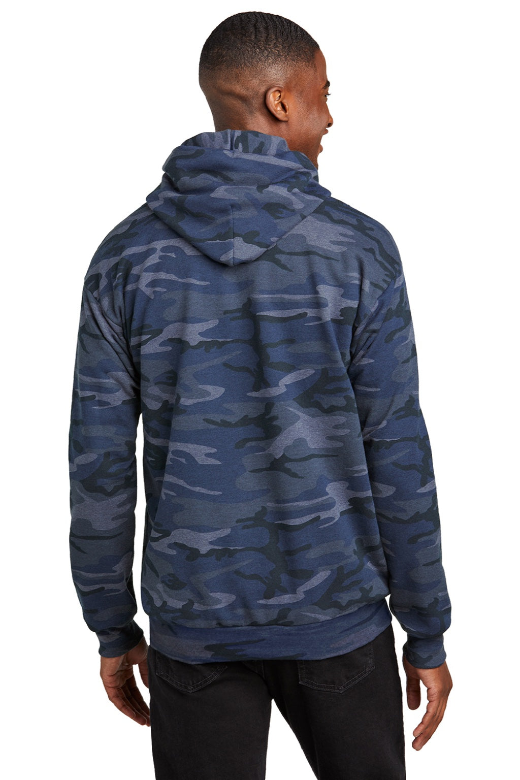 Port & Company PC78HC Mens Core Pill Resistant Fleece Hooded Sweatshirt Hoodie w/ Pouch Pocket Heather Navy Blue Camo Model Back