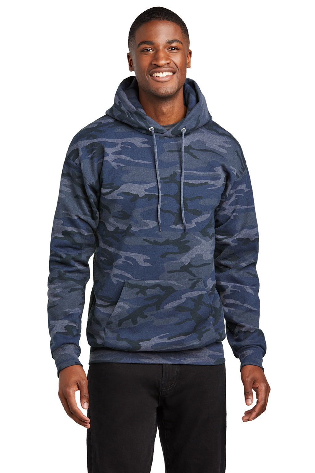 Port & Company PC78HC Mens Core Pill Resistant Fleece Hooded Sweatshirt Hoodie w/ Pouch Pocket Heather Navy Blue Camo Model Front