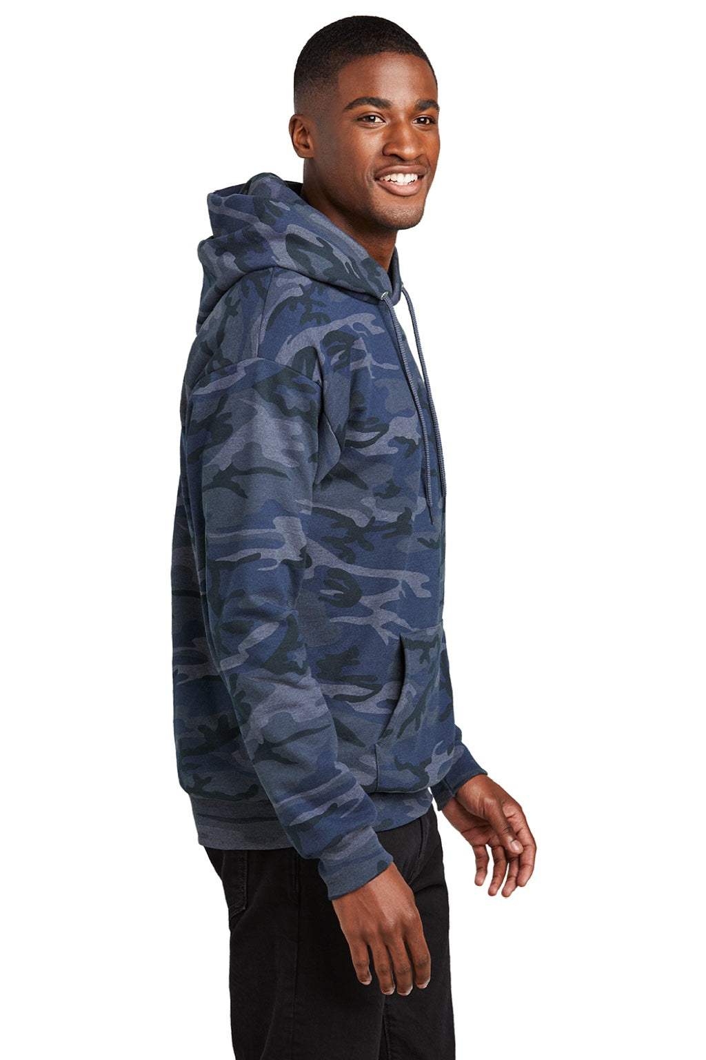 Port & Company PC78HC Mens Core Pill Resistant Fleece Hooded Sweatshirt Hoodie w/ Pouch Pocket Heather Navy Blue Camo Model Side