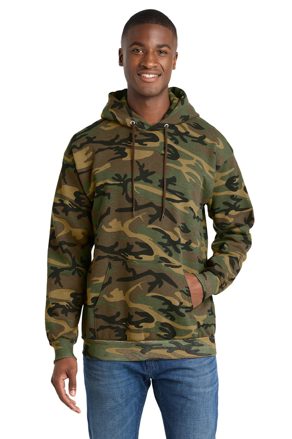 Port & Company PC78HC Mens Core Pill Resistant Fleece Hooded Sweatshirt Hoodie w/ Pouch Pocket Military Camo Model Front