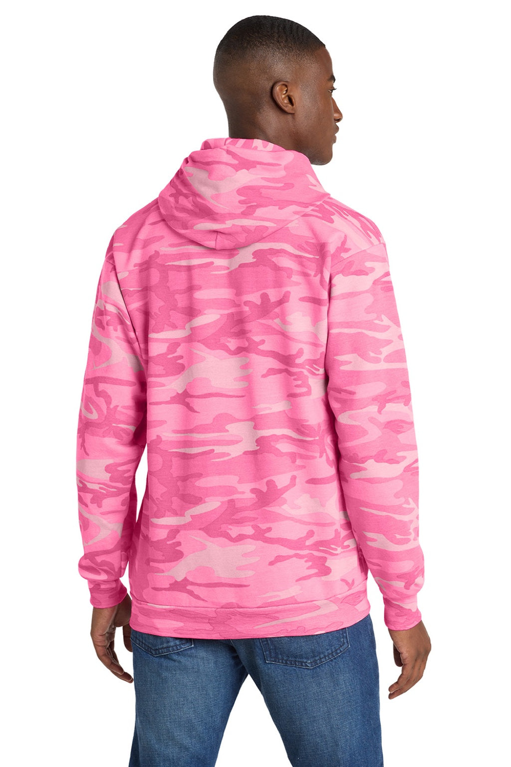Port & Company PC78HC Mens Core Pill Resistant Fleece Hooded Sweatshirt Hoodie w/ Pouch Pocket Pink Camo Model Back