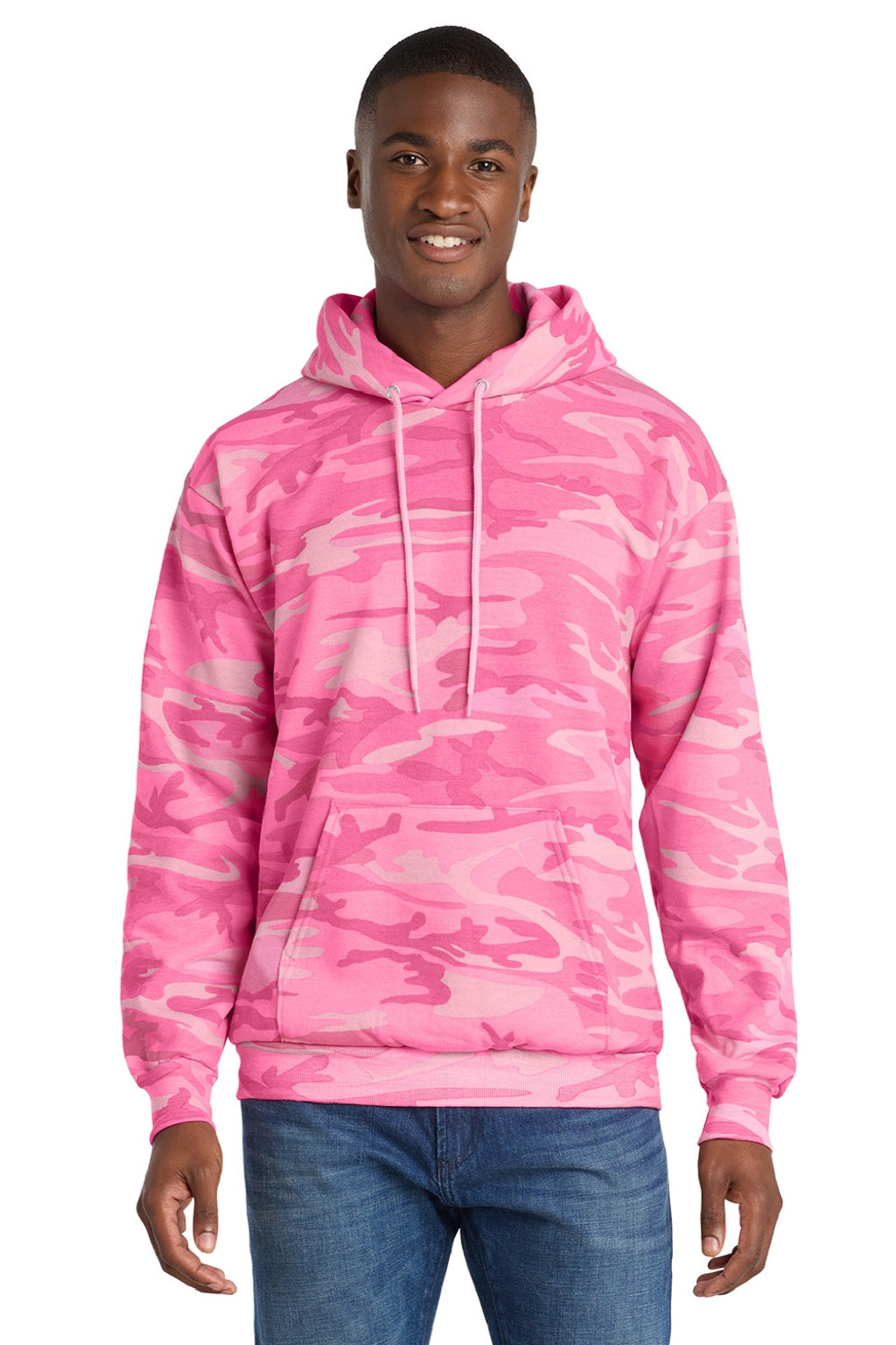 Port & Company PC78HC Mens Core Pill Resistant Fleece Hooded Sweatshirt Hoodie w/ Pouch Pocket Pink Camo Model Front