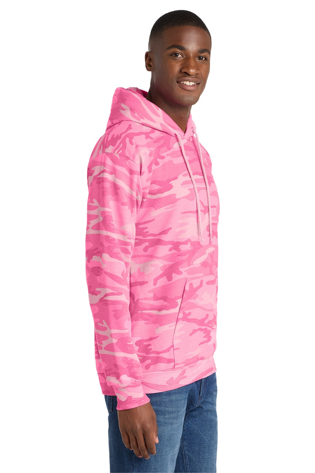 Port & Company PC78HC Mens Core Pill Resistant Fleece Hooded Sweatshirt Hoodie w/ Pouch Pocket Pink Camo Model Side