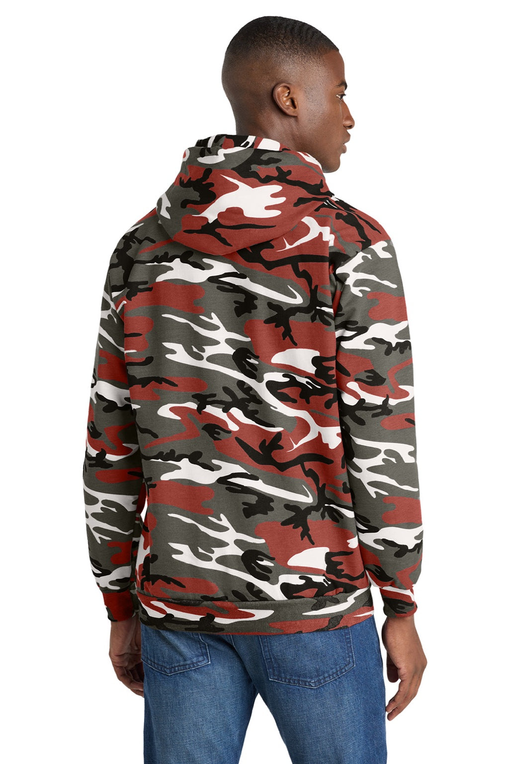 Port & Company PC78HC Mens Core Pill Resistant Fleece Hooded Sweatshirt Hoodie w/ Pouch Pocket Red Camo Model Back