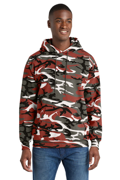 Port & Company PC78HC Mens Core Pill Resistant Fleece Hooded Sweatshirt Hoodie w/ Pouch Pocket Red Camo Model Front