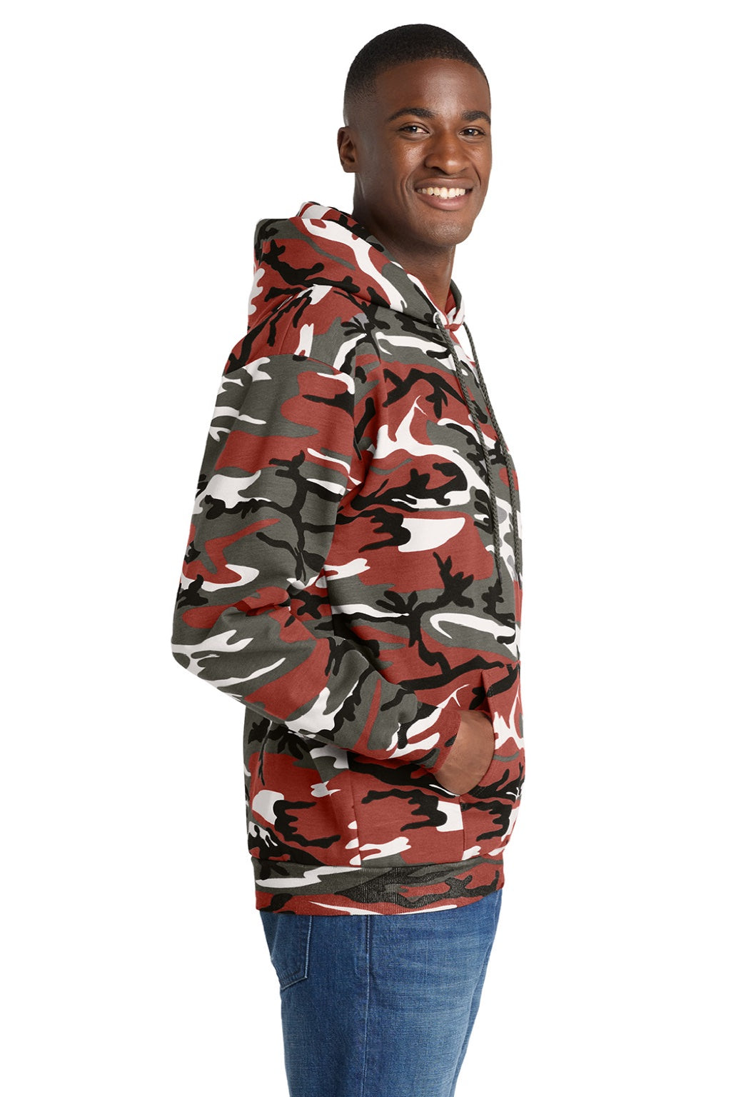 Port & Company PC78HC Mens Core Pill Resistant Fleece Hooded Sweatshirt Hoodie w/ Pouch Pocket Red Camo Model Side