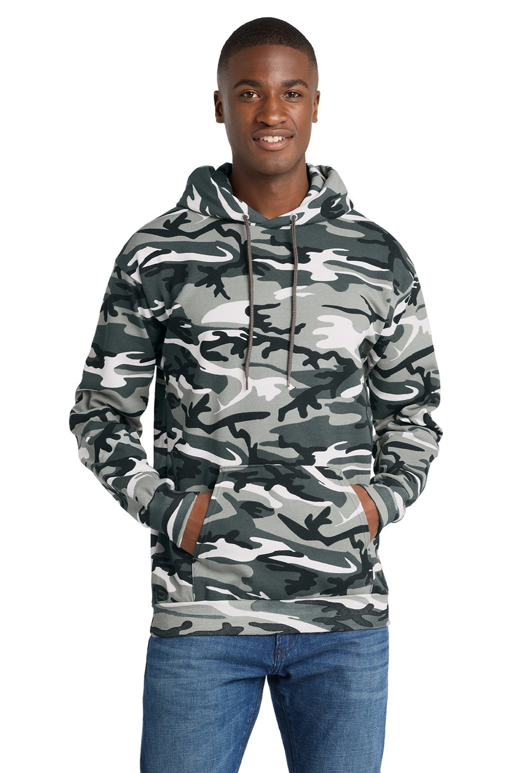Port & Company PC78HC Mens Core Pill Resistant Fleece Hooded Sweatshirt Hoodie w/ Pouch Pocket Winter Camo Model Front