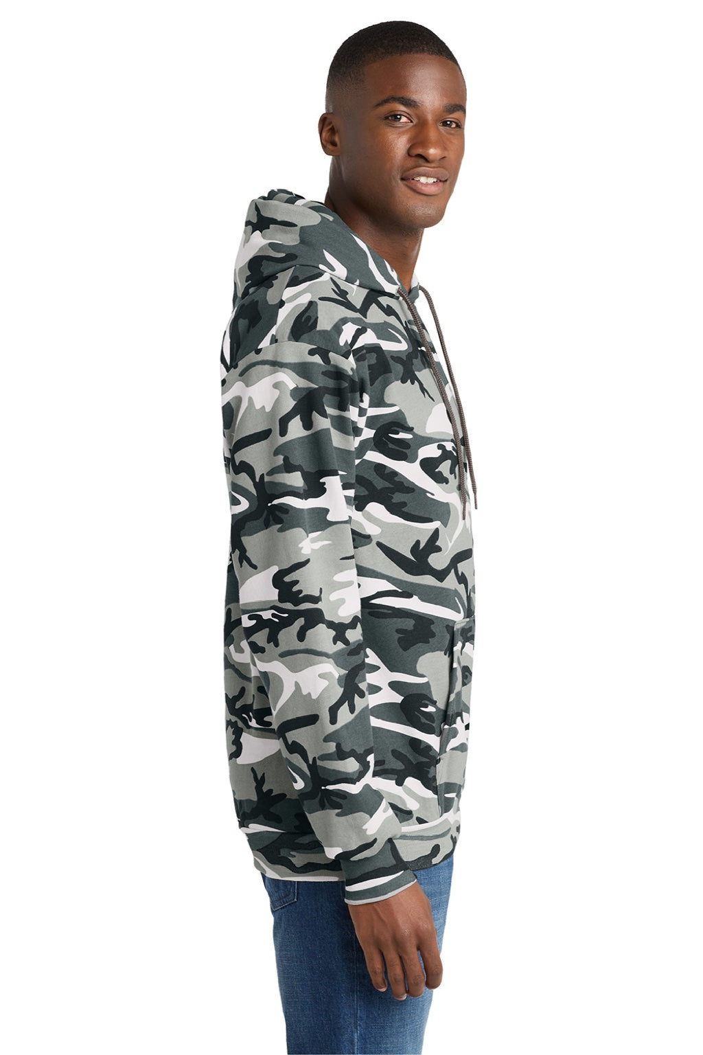 Port & Company PC78HC Mens Core Pill Resistant Fleece Hooded Sweatshirt Hoodie w/ Pouch Pocket Winter Camo Model Side