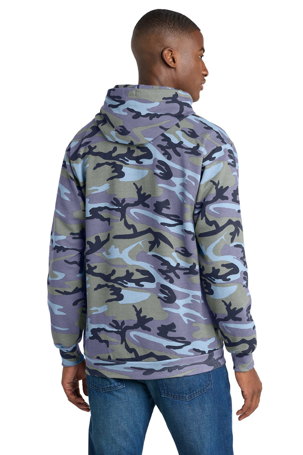 Port & Company PC78HC Mens Core Pill Resistant Fleece Hooded Sweatshirt Hoodie w/ Pouch Pocket Woodland Blue Camo Model Back