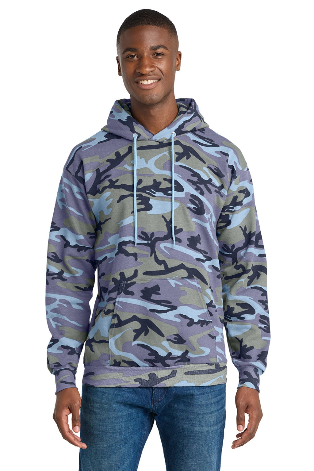 Port & Company PC78HC Mens Core Pill Resistant Fleece Hooded Sweatshirt Hoodie w/ Pouch Pocket Woodland Blue Camo Model Front