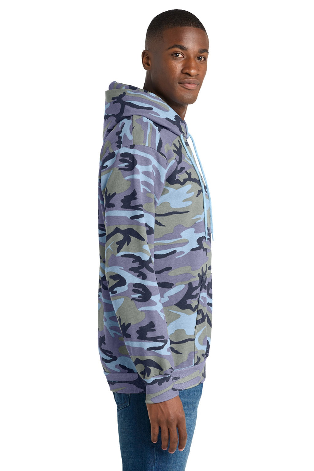 Port & Company PC78HC Mens Core Pill Resistant Fleece Hooded Sweatshirt Hoodie w/ Pouch Pocket Woodland Blue Camo Model Side