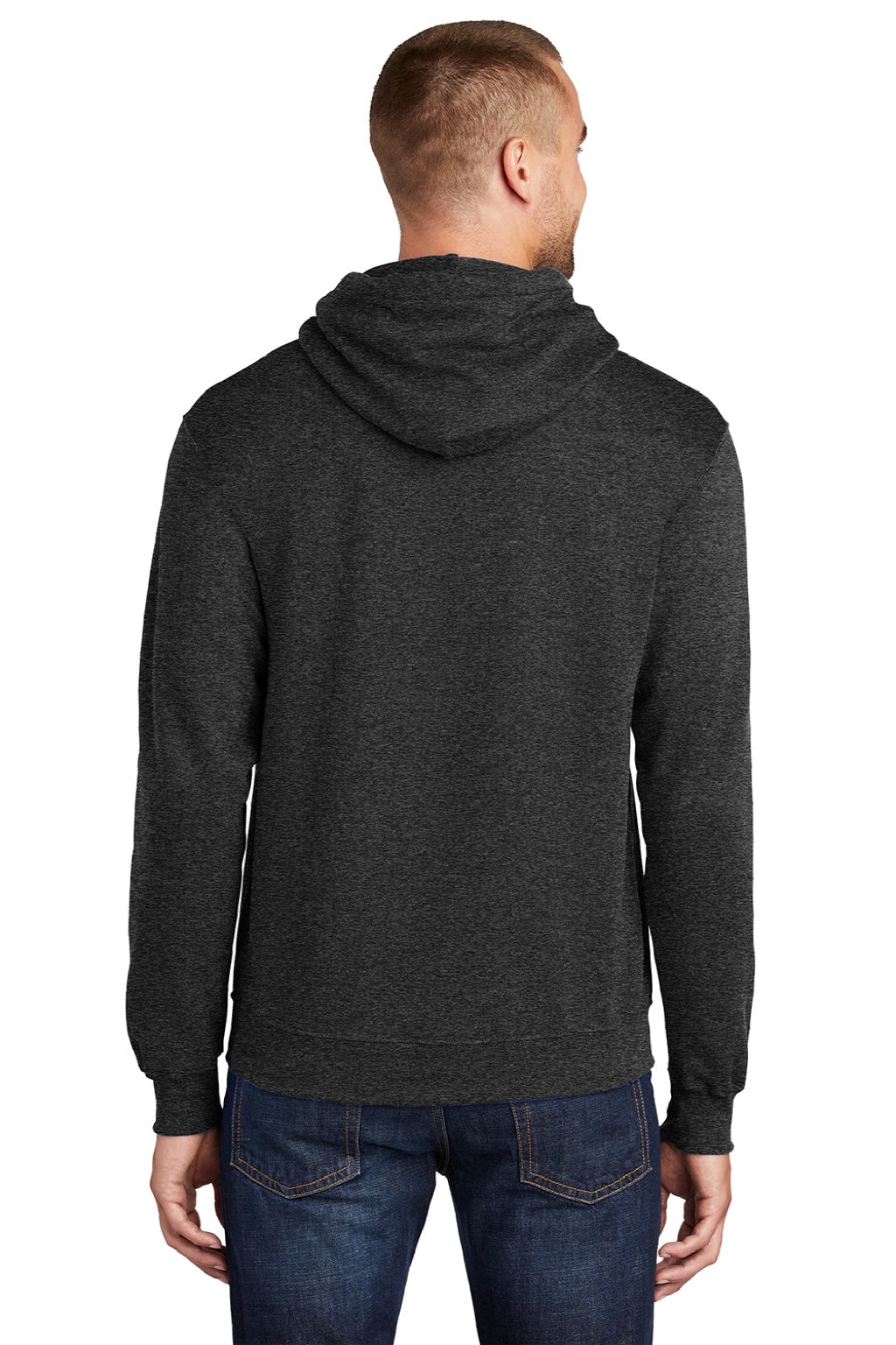 Port & Company PC78H/PC78HT Mens Core Pill Resistant Fleece Hooded Sweatshirt Hoodie w/ Pouch Pocket Heather Black Model Back