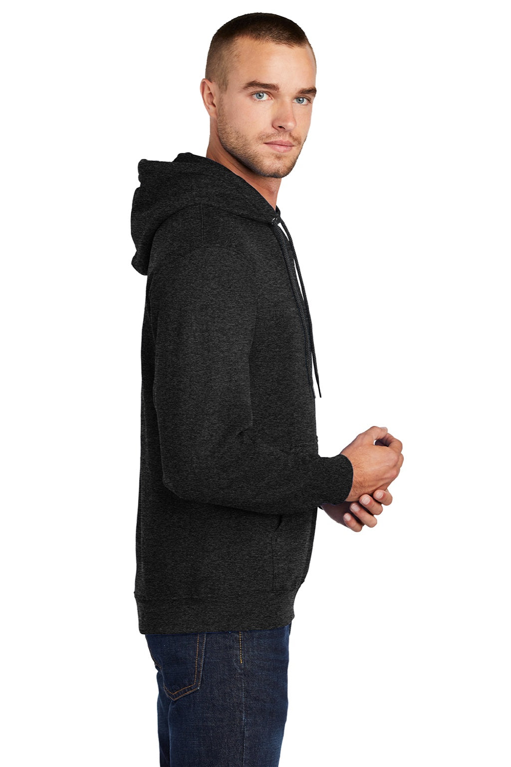 Port & Company PC78H/PC78HT Mens Core Pill Resistant Fleece Hooded Sweatshirt Hoodie w/ Pouch Pocket Heather Black Model Side