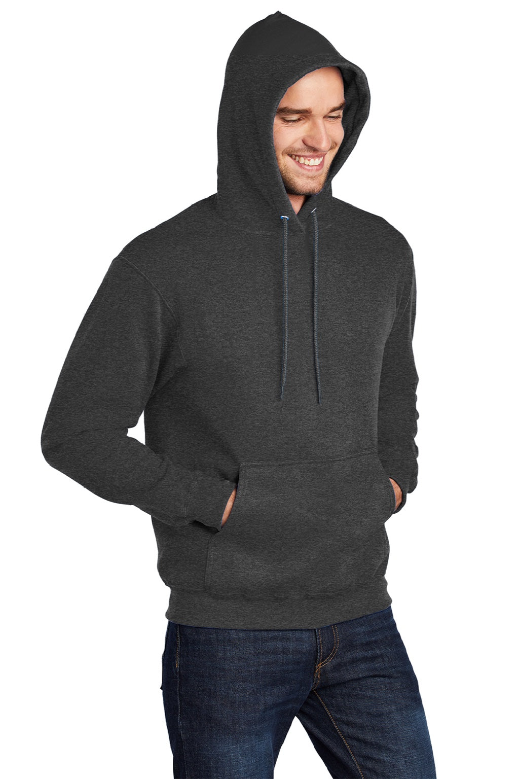 Port & Company PC78H/PC78HT Mens Core Pill Resistant Fleece Hooded Sweatshirt Hoodie w/ Pouch Pocket Heather Black Model 3q