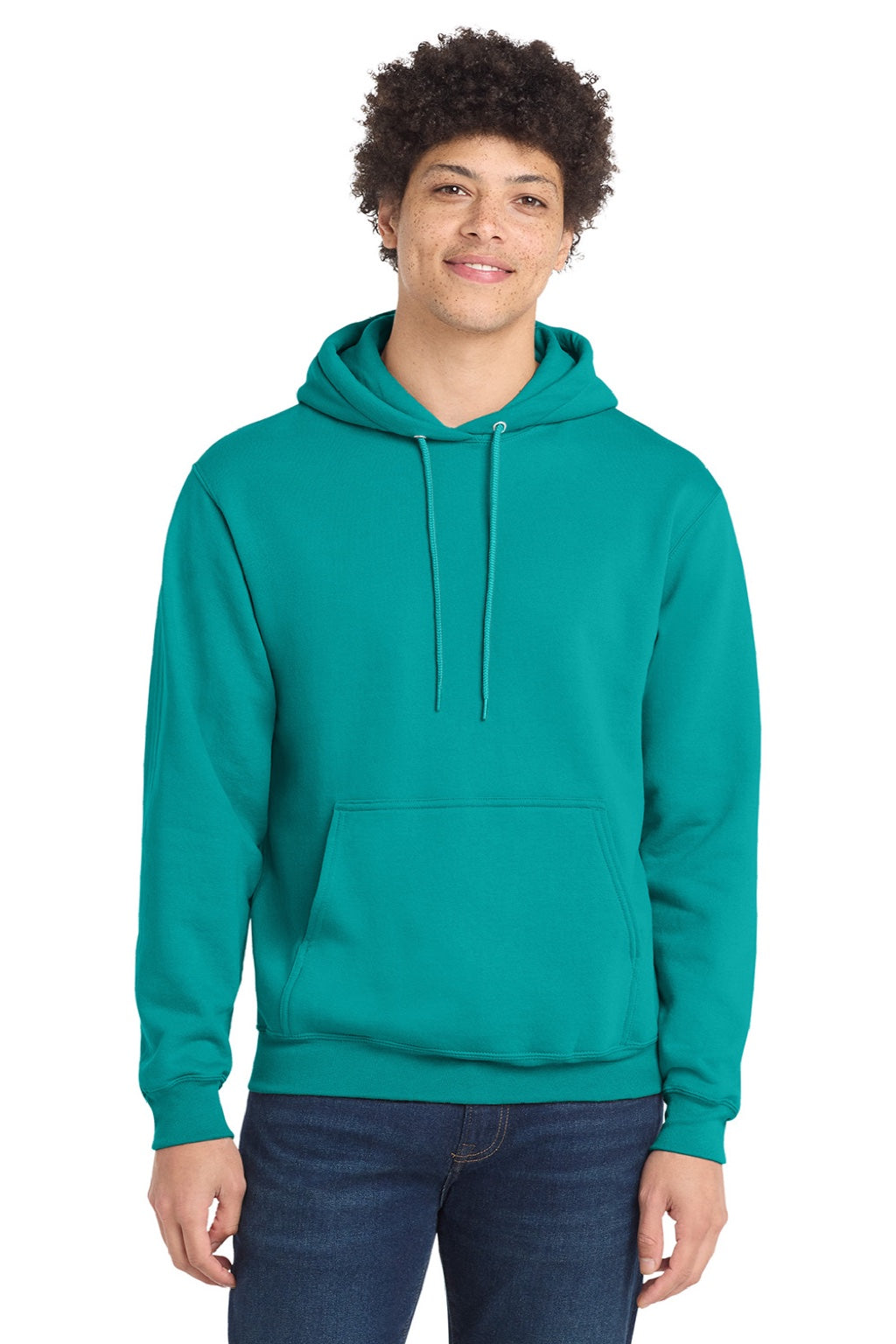 Port & Company PC78H/PC78HT Mens Core Pill Resistant Fleece Hooded Sweatshirt Hoodie w/ Pouch Pocket Bright Aqua Blue Model Front