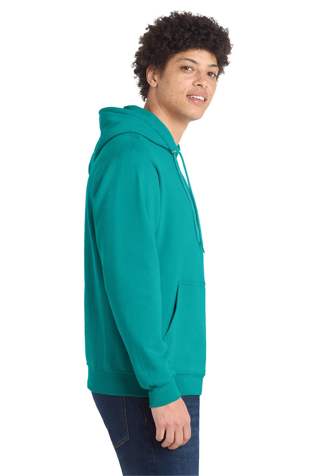 Port & Company PC78H/PC78HT Mens Core Pill Resistant Fleece Hooded Sweatshirt Hoodie w/ Pouch Pocket Bright Aqua Blue Model Side