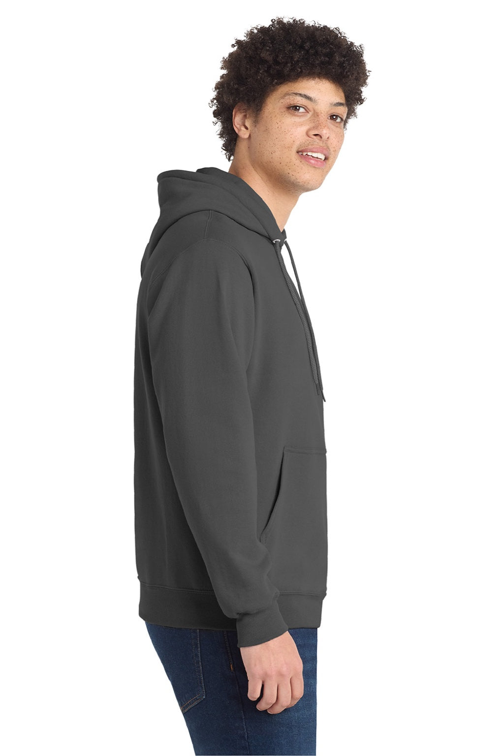 Port & Company PC78H/PC78HT Mens Core Pill Resistant Fleece Hooded Sweatshirt Hoodie w/ Pouch Pocket Coal Grey Model Side
