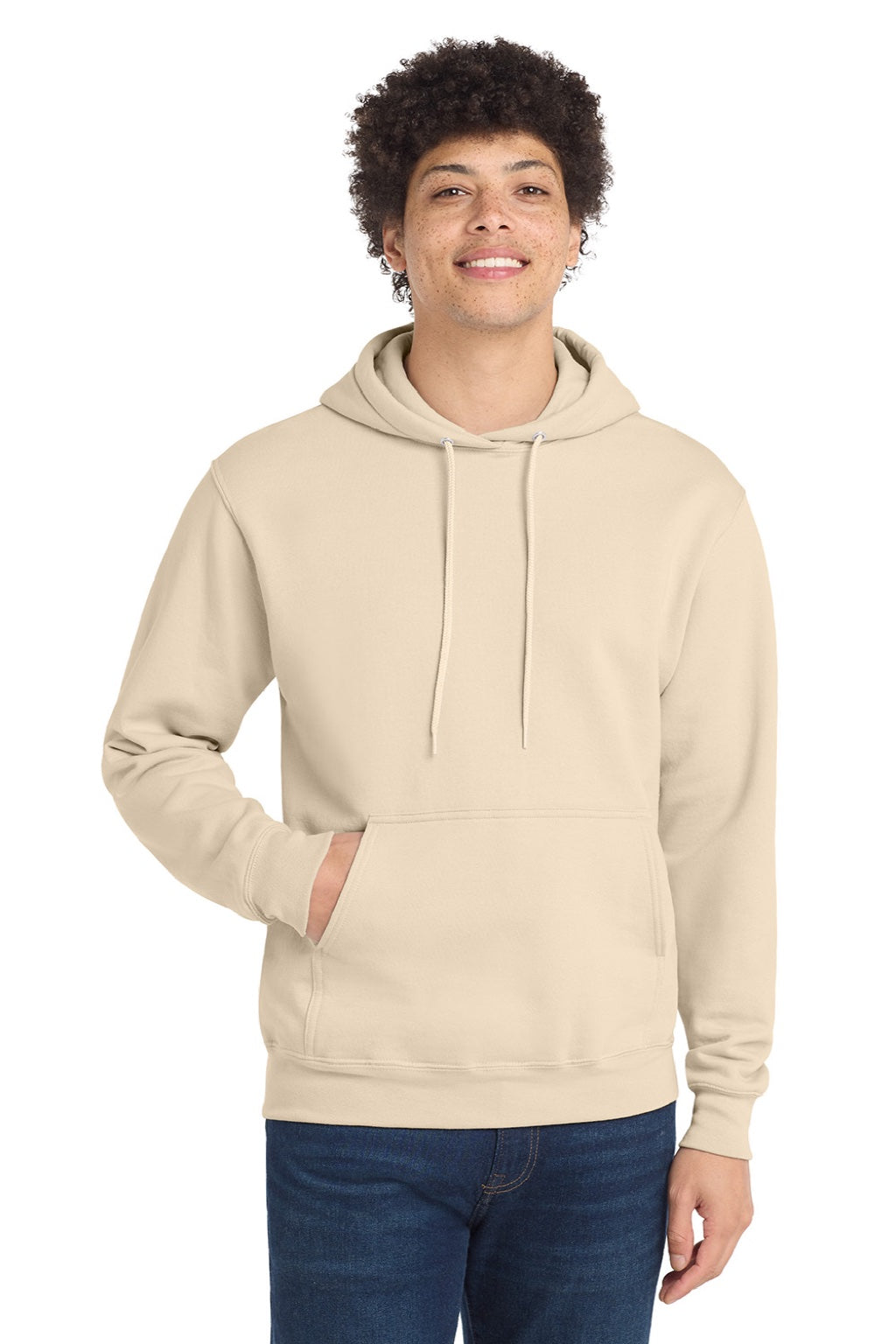 Port & Company PC78H/PC78HT Mens Core Pill Resistant Fleece Hooded Sweatshirt Hoodie w/ Pouch Pocket Cream Model Front