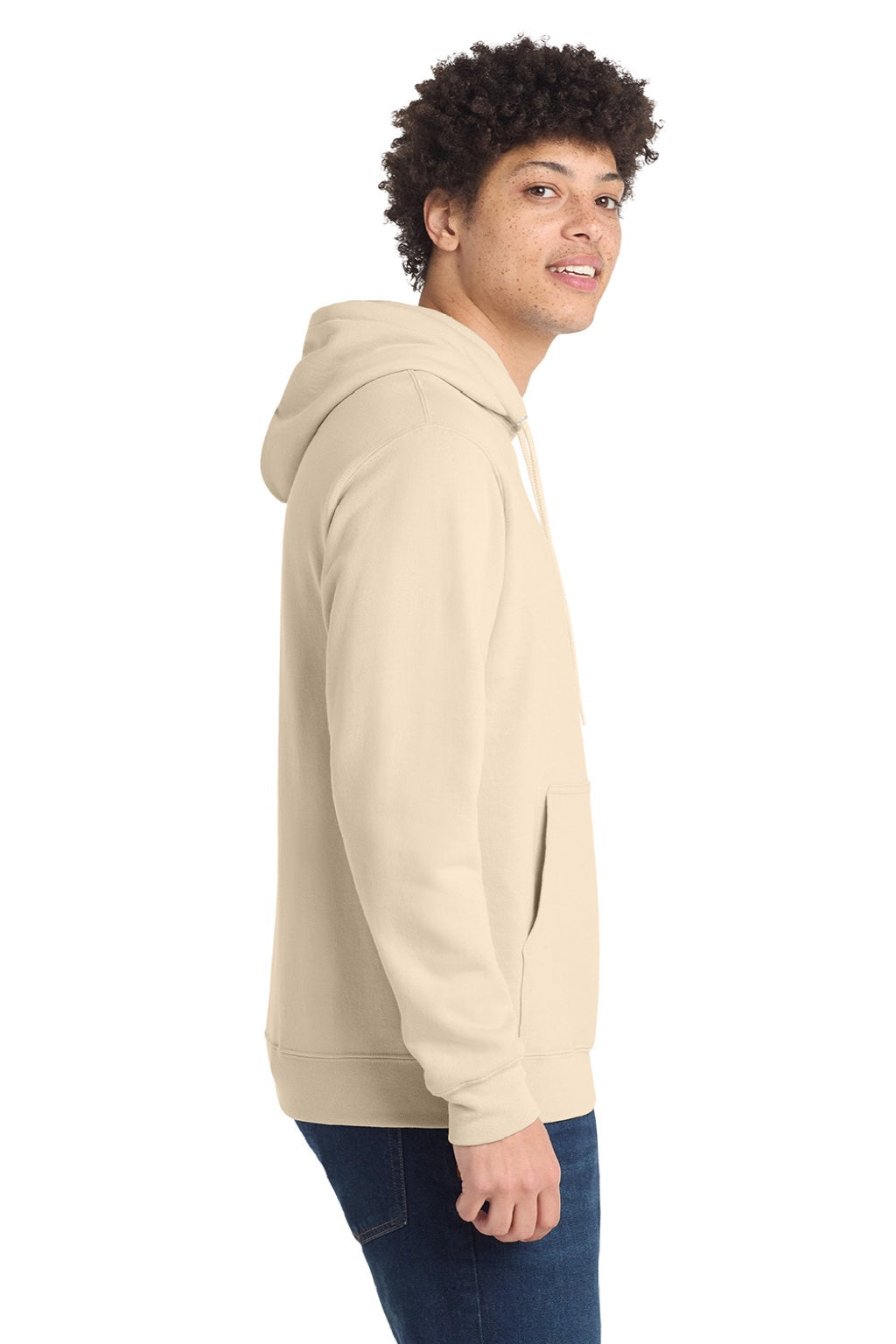 Port & Company PC78H/PC78HT Mens Core Pill Resistant Fleece Hooded Sweatshirt Hoodie w/ Pouch Pocket Cream Model Side