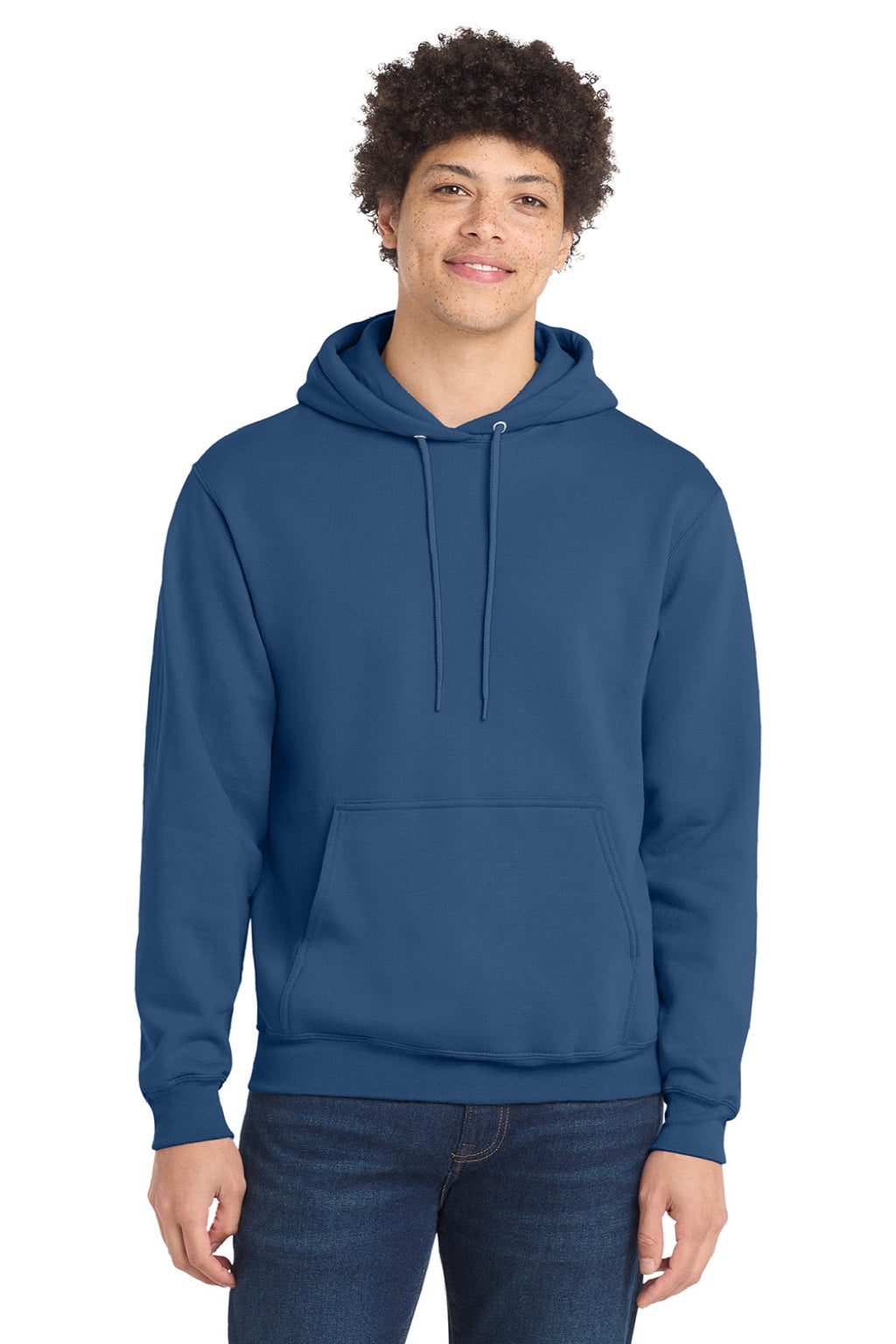 Port & Company PC78H/PC78HT Mens Core Pill Resistant Fleece Hooded Sweatshirt Hoodie w/ Pouch Pocket Neptune Blue Model Front