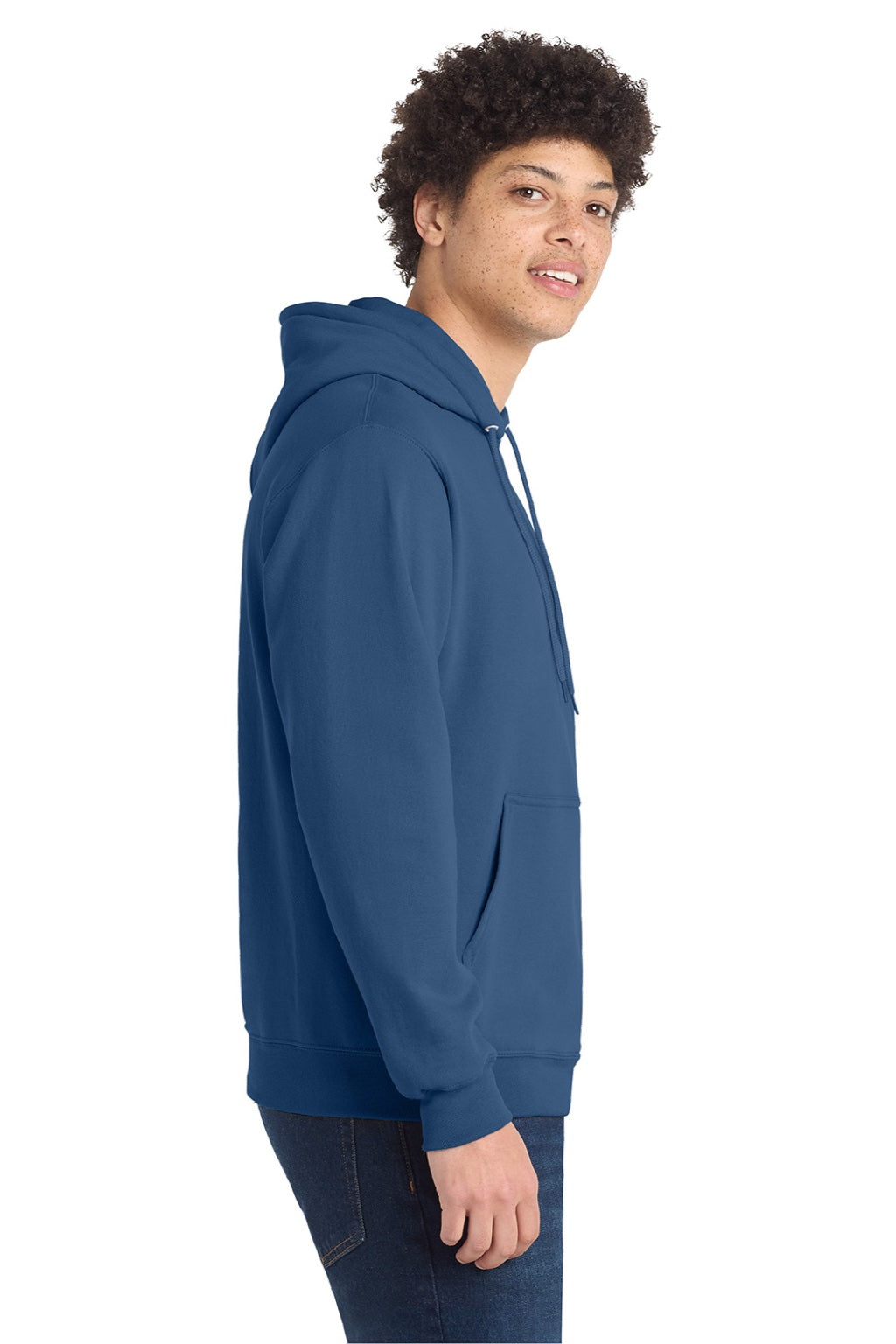 Port & Company PC78H/PC78HT Mens Core Pill Resistant Fleece Hooded Sweatshirt Hoodie w/ Pouch Pocket Neptune Blue Model Side