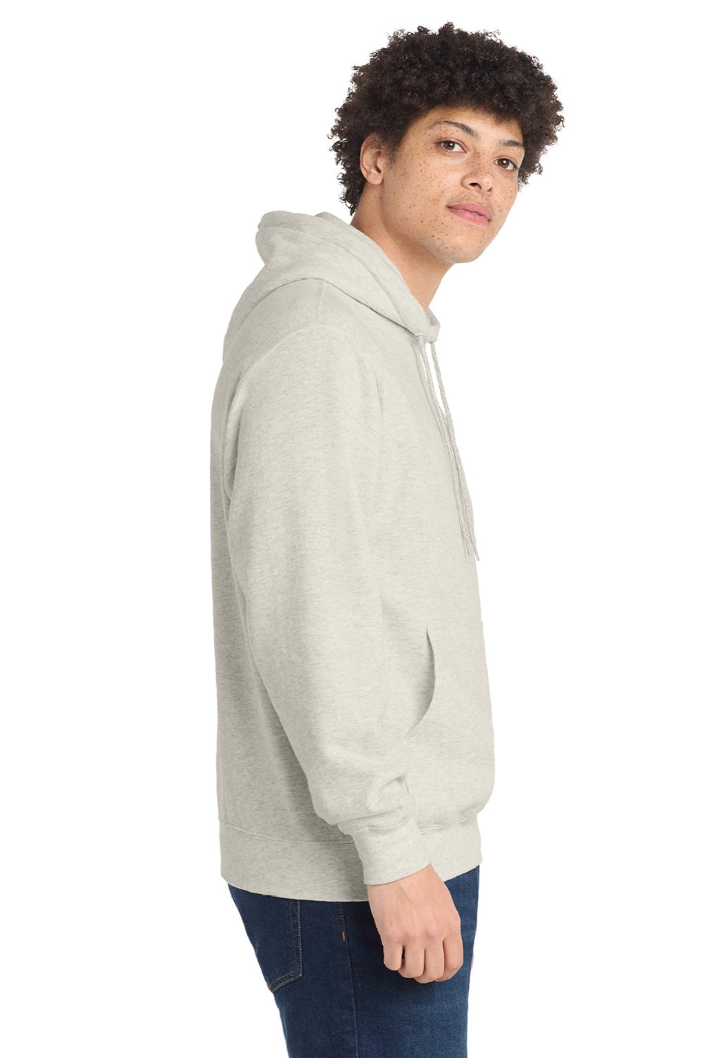 Port & Company PC78H/PC78HT Mens Core Pill Resistant Fleece Hooded Sweatshirt Hoodie w/ Pouch Pocket Heather Oatmeal Model Side