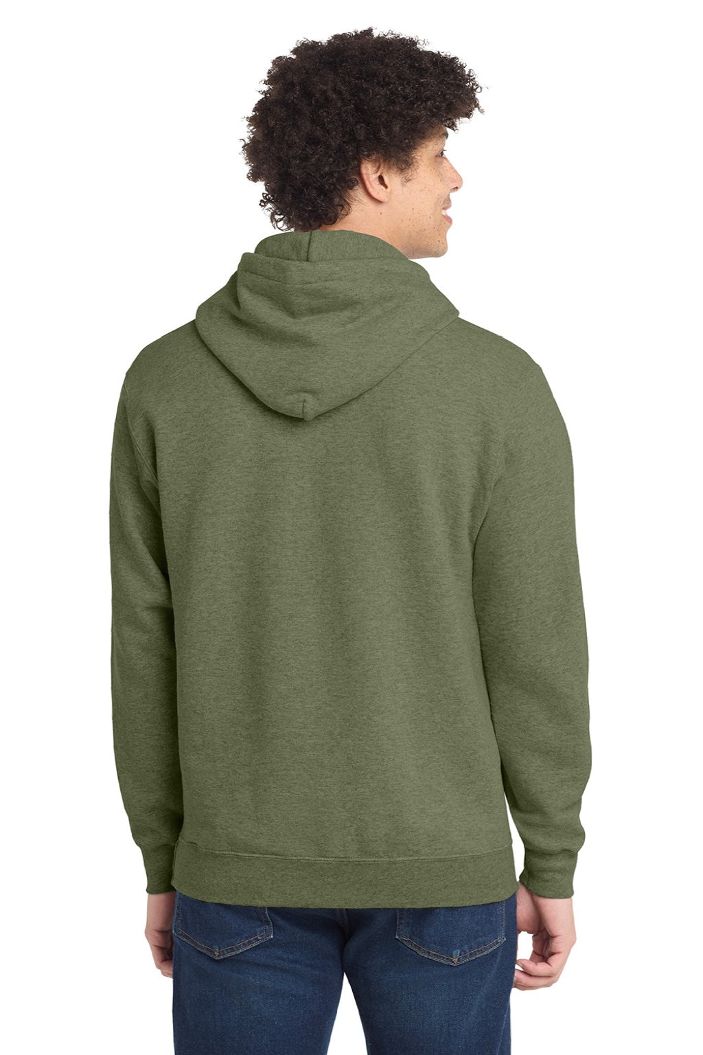 Port & Company PC78H/PC78HT Mens Core Pill Resistant Fleece Hooded Sweatshirt Hoodie w/ Pouch Pocket Heather Olive Drab Green Model Back