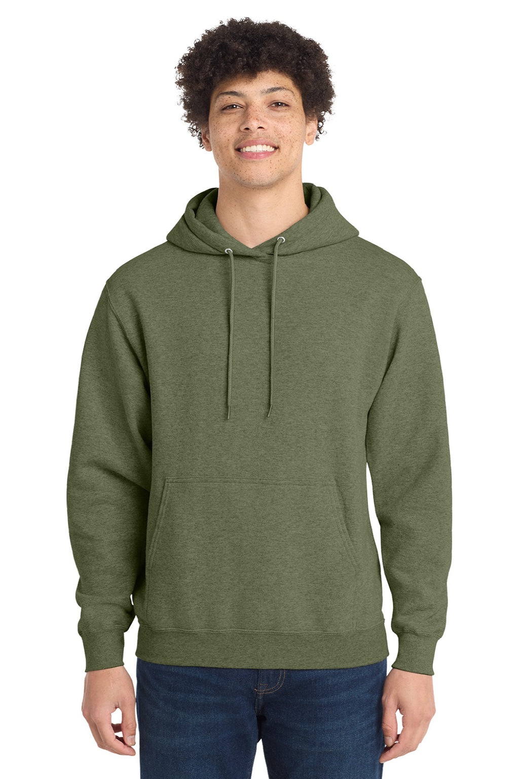 Port & Company PC78H/PC78HT Mens Core Pill Resistant Fleece Hooded Sweatshirt Hoodie w/ Pouch Pocket Heather Olive Drab Green Model Front