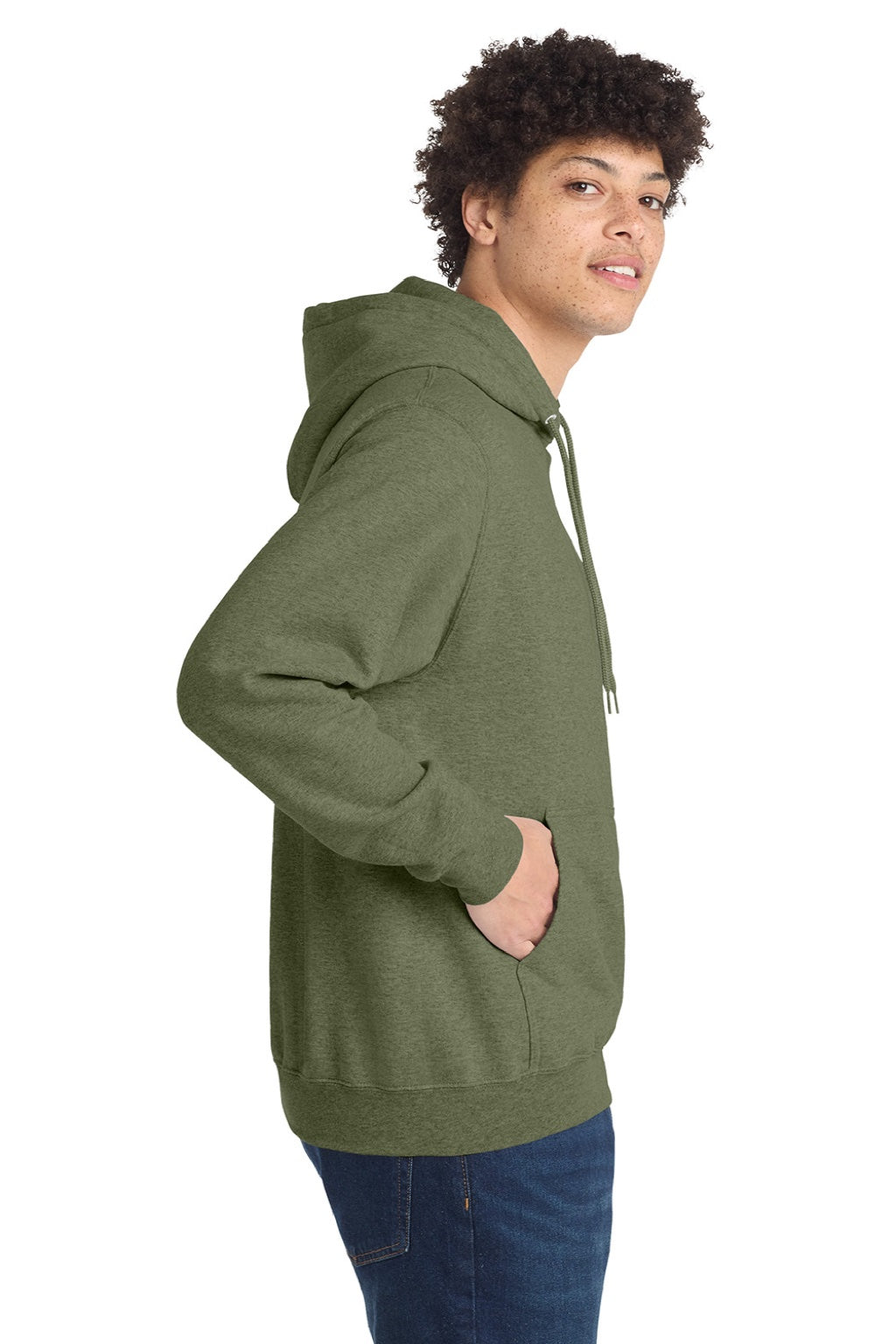 Port & Company PC78H/PC78HT Mens Core Pill Resistant Fleece Hooded Sweatshirt Hoodie w/ Pouch Pocket Heather Olive Drab Green Model Side