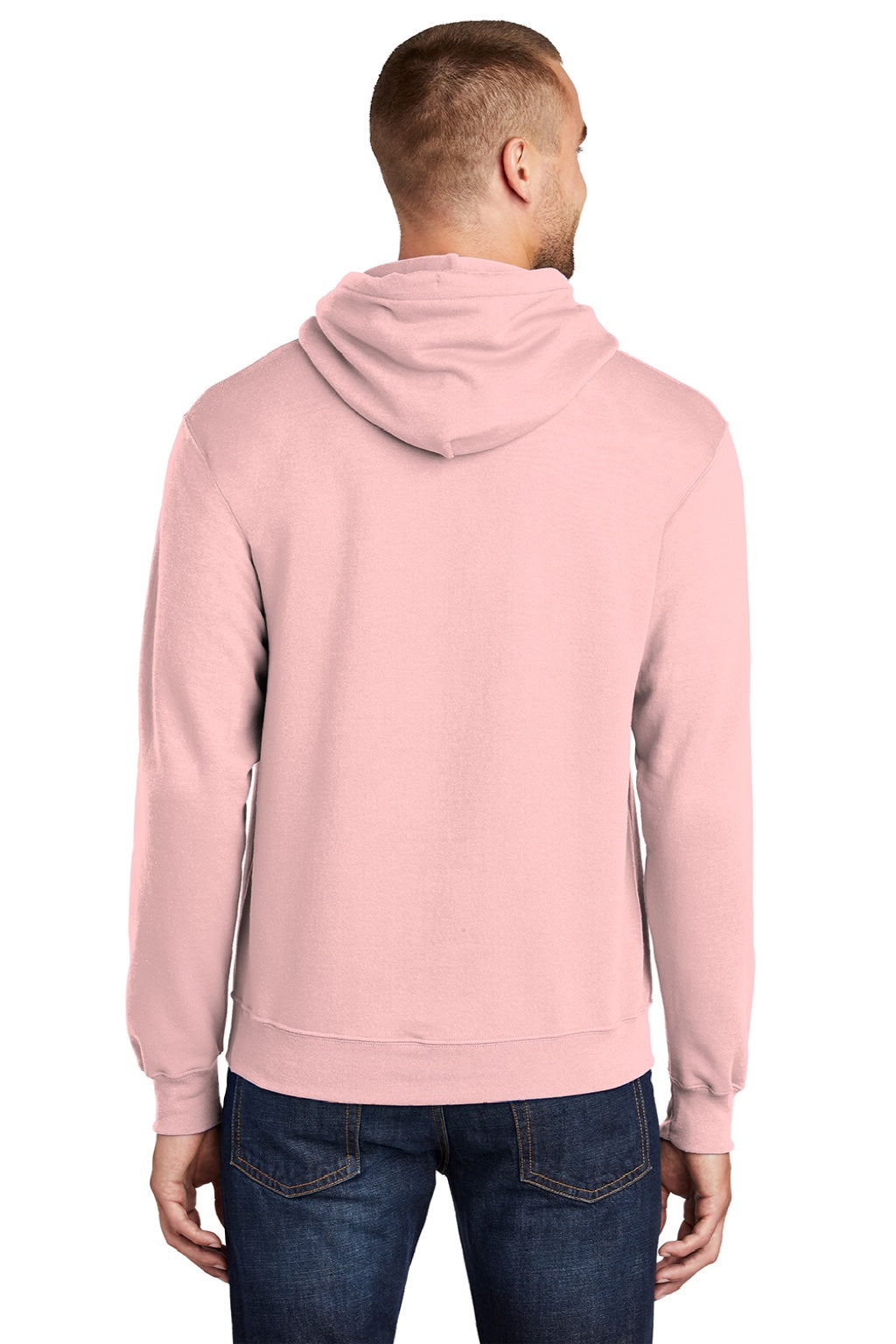 Port & Company PC78H/PC78HT Mens Core Pill Resistant Fleece Hooded Sweatshirt Hoodie w/ Pouch Pocket Pale Blush Pink Model Back
