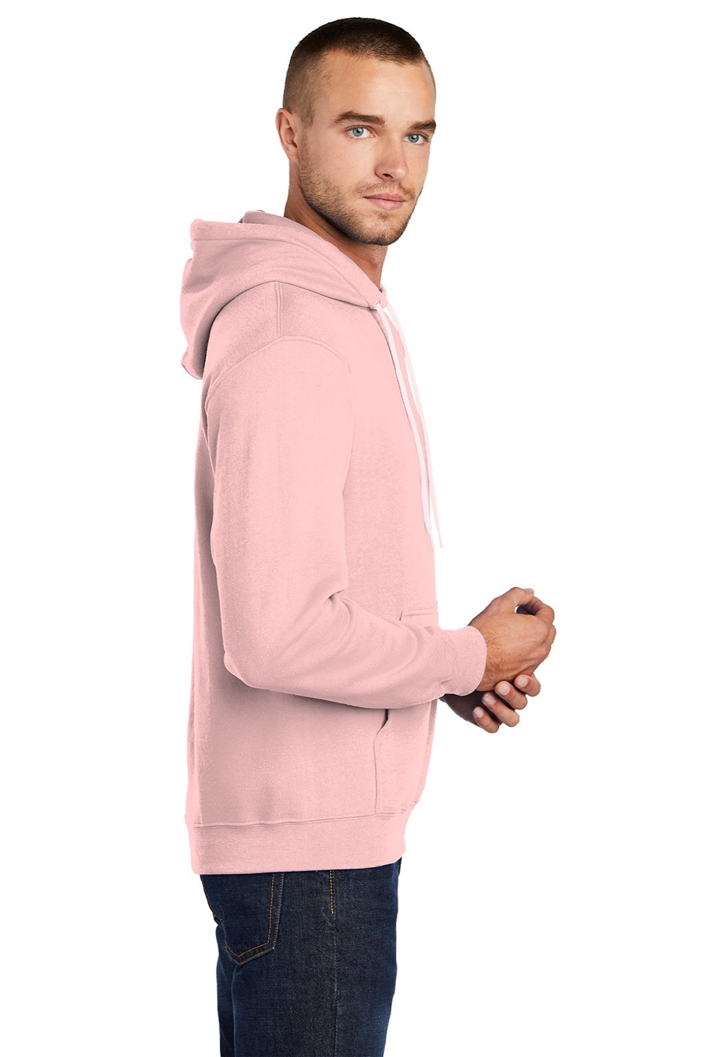Port & Company PC78H/PC78HT Mens Core Pill Resistant Fleece Hooded Sweatshirt Hoodie w/ Pouch Pocket Pale Blush Pink Model Side