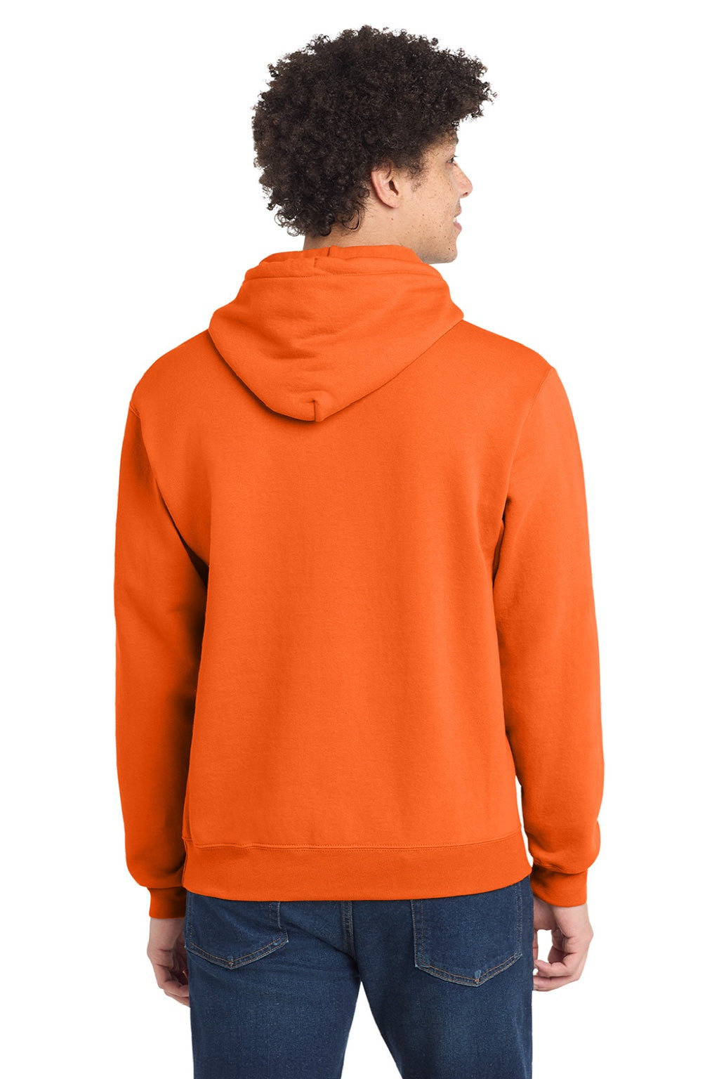 Port & Company PC78H/PC78HT Mens Core Pill Resistant Fleece Hooded Sweatshirt Hoodie w/ Pouch Pocket Safety Orange Model Back