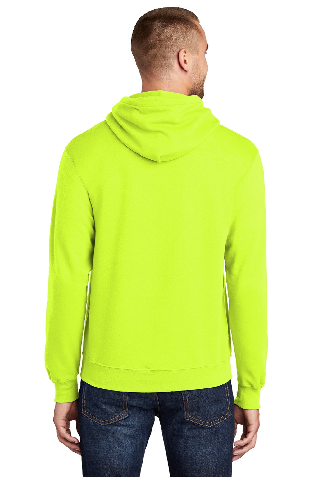 Port & Company PC78H/PC78HT Mens Core Pill Resistant Fleece Hooded Sweatshirt Hoodie w/ Pouch Pocket Safety Green Model Back