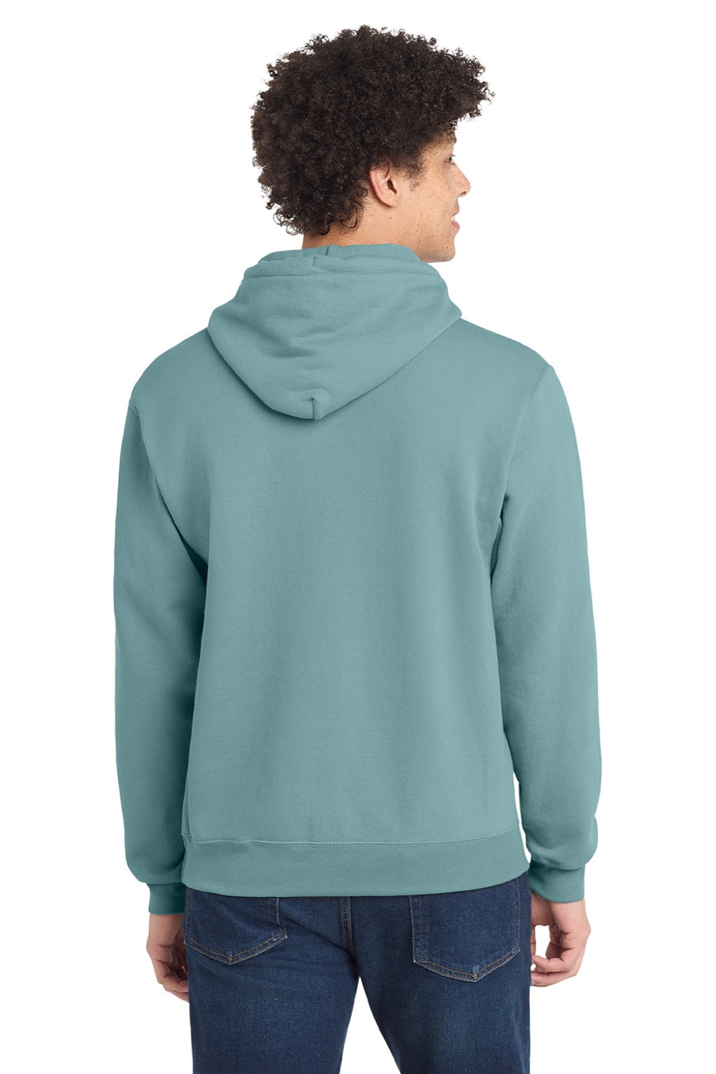 Port & Company PC78H/PC78HT Mens Core Pill Resistant Fleece Hooded Sweatshirt Hoodie w/ Pouch Pocket Stonewashed Blue Model Back