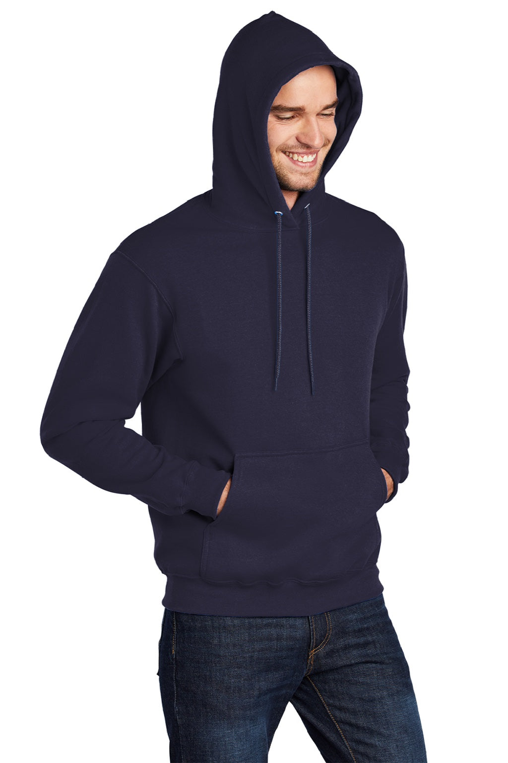 Port & Company PC78H/PC78HT Mens Core Pill Resistant Fleece Hooded Sweatshirt Hoodie w/ Pouch Pocket True Navy Blue Model 3q