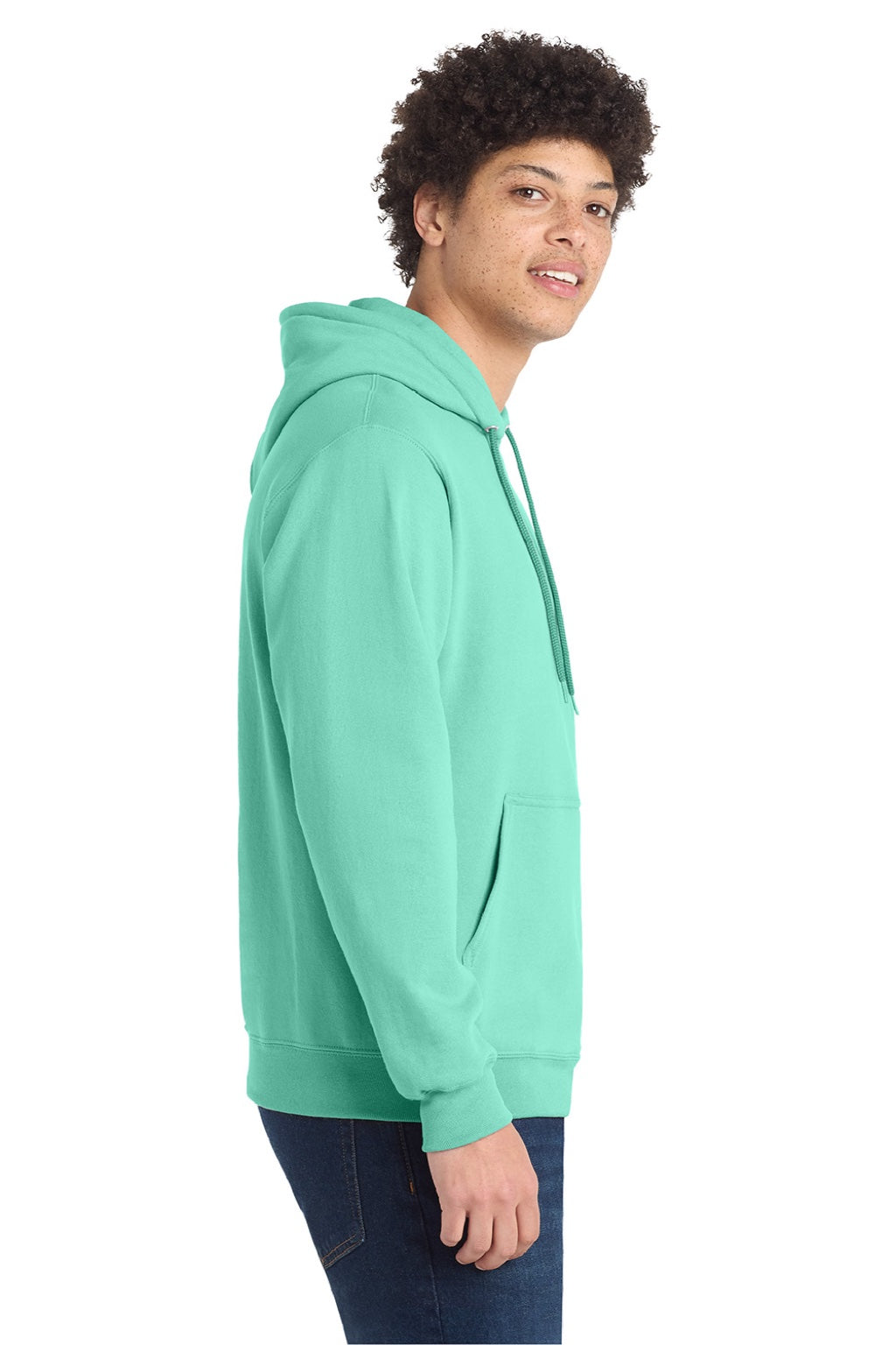 Port & Company PC78H/PC78HT Mens Core Pill Resistant Fleece Hooded Sweatshirt Hoodie w/ Pouch Pocket True Celadon Blue Model Side