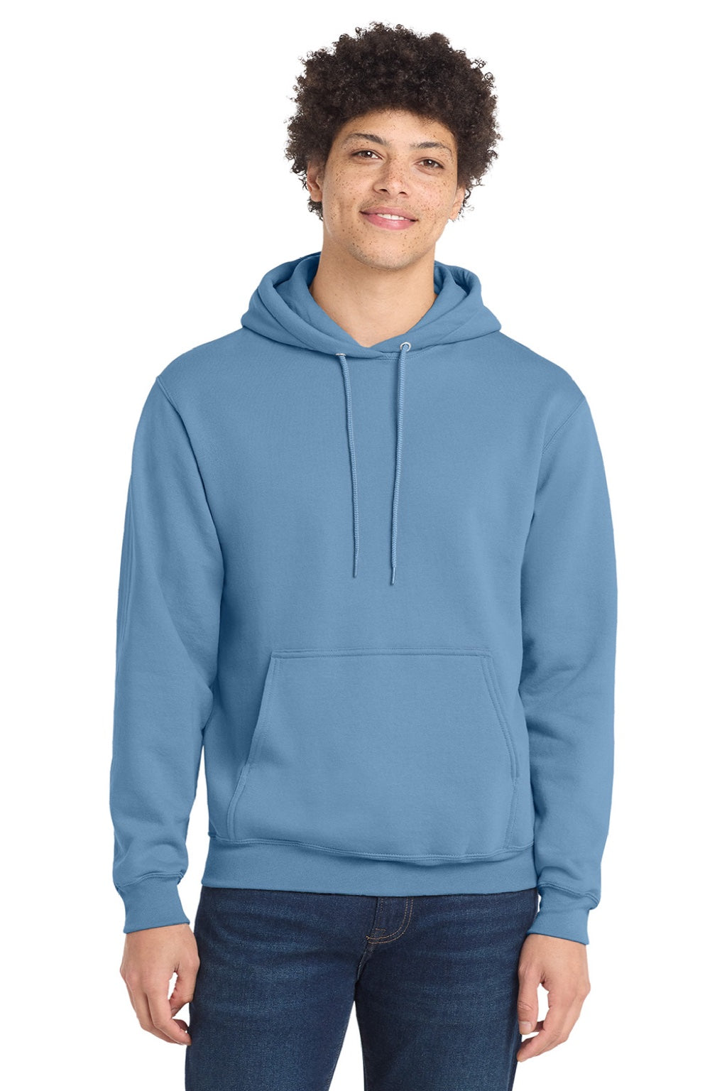 Port & Company PC78H/PC78HT Mens Core Pill Resistant Fleece Hooded Sweatshirt Hoodie w/ Pouch Pocket Tundra Blue Model Front