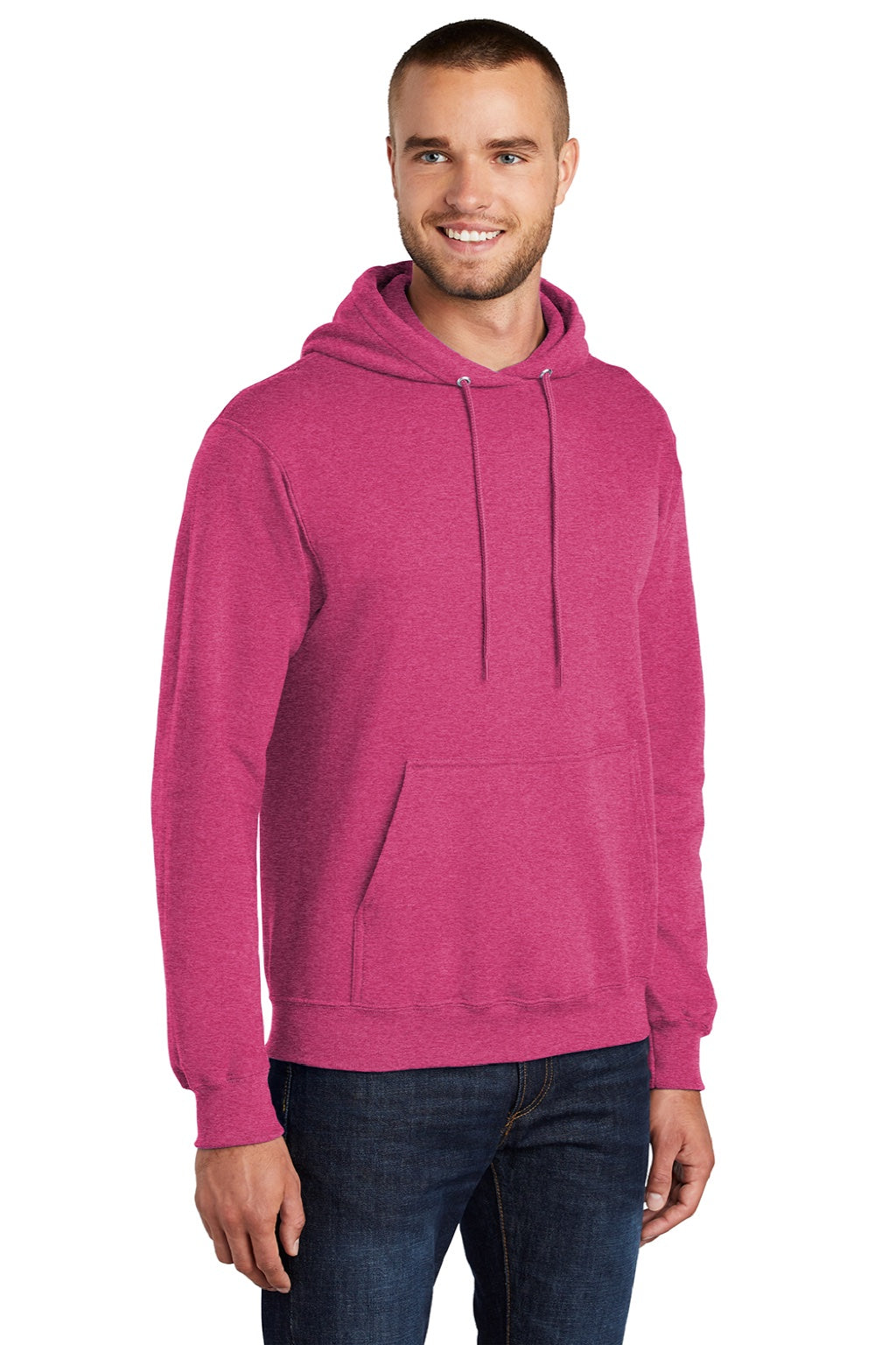 Port & Company PC78H/PC78HT Mens Core Pill Resistant Fleece Hooded Sweatshirt Hoodie w/ Pouch Pocket Heather Sangria Pink Model 3q